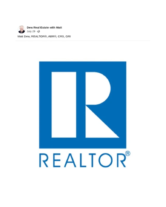 Dew Real Estate with Matt Facebook post: REALTOR logo, Matt Dew, REALTOR, ABR, CRS, GRI