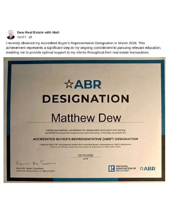 Dew Real Estate with Matt Facebook post: Matt's Accredited Buyer's Representative (ABR) designation certificate